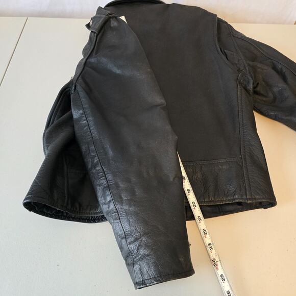 Prime Parts Leather Belted Motorcycle Jacket Men's 42 Black Biker Bomber USA VTG - Picture 13 of 16